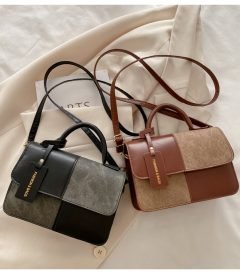 Women Fashion Simple Stitching Color Blocking Square Flap Handle Shoulder Bag