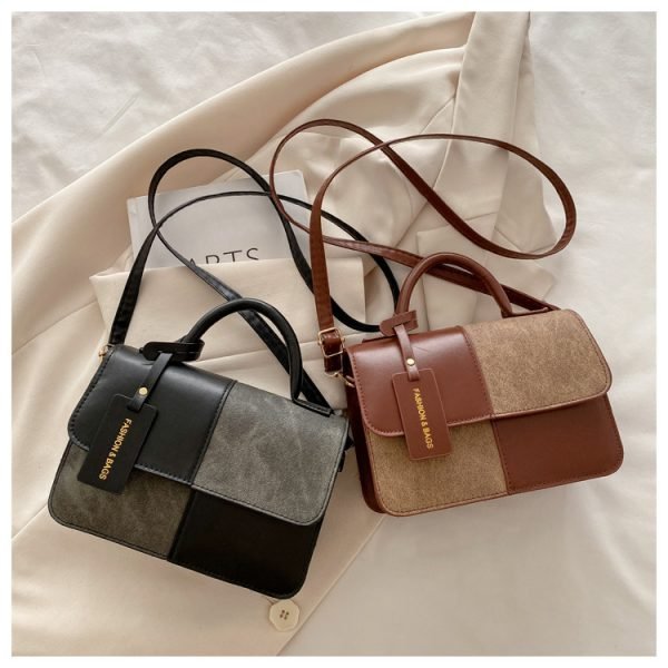 Women Fashion Simple Stitching Color Blocking Square Flap Handle Shoulder Bag